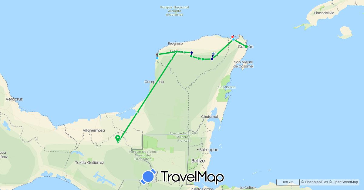 TravelMap itinerary: driving, bus, cycling, hiking, boat, motorbike in Mexico (North America)
